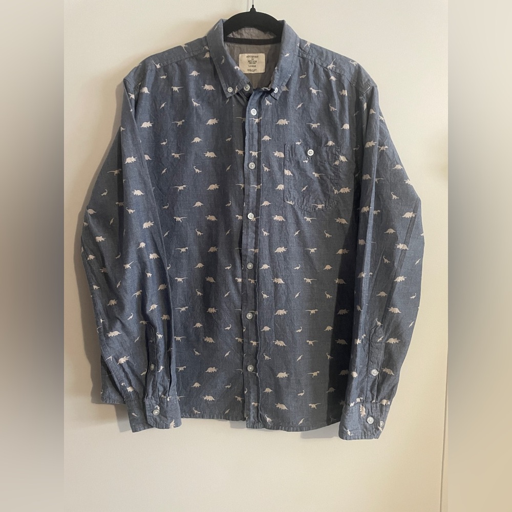 Women’s Blue Dinosaur Print Button-up Shirt (Large)